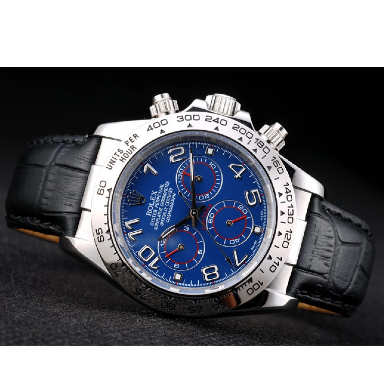 Aaa replica watch Strap Case Steel Dial Blue Rolex Daytona Black Leather Stainless 0724